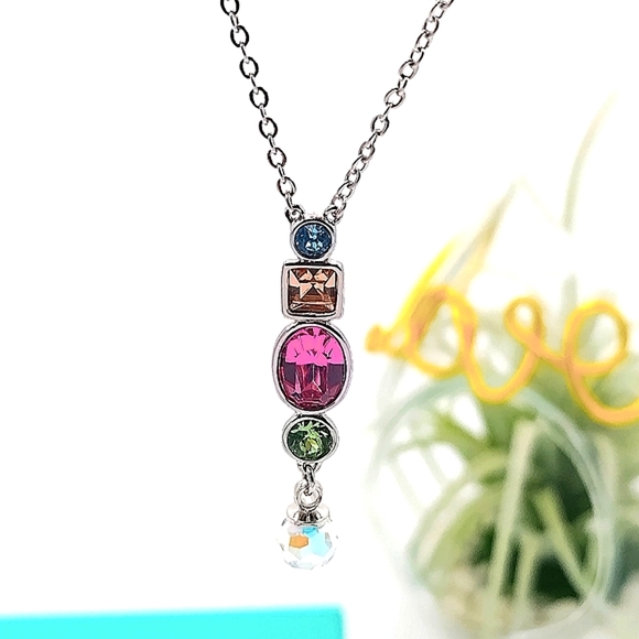 Swarovski Crystals Gumdrop Aurora Borealis Silver Necklace-N8266 - Picture 1 of 7